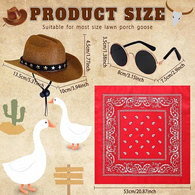 Western Cowboy Porch Goose Outfits, Funny Porch Geese Outfits Goose Costume Clothes for 17''/23" Lawn Cement Plastic Geese Outdoor Statue with Cowboy Hat Bandana for Garden Yard Decoration