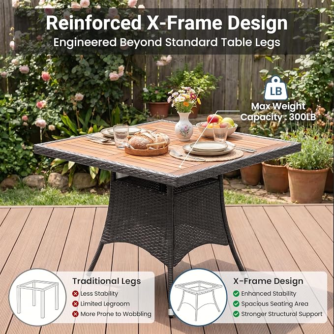 Wisteria Lane 10-Pieces Outdoor Patio Table and Chairs, Rattan Patio Table Set with Acacia Wood Tabletop, Patio Dining Furniture Set for 8 with Removable Cushions for Deck Garden Backyard, Grey
