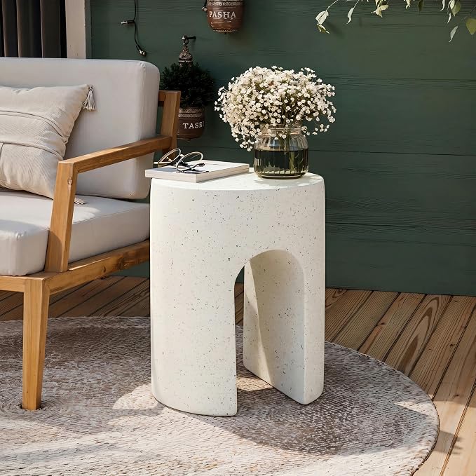 Outdoor Side Table Faux Marble Concrete End Tables Small Stone Bench Patio Garden Stool Plant Stand for Backyard Balcony,Weather Resistant, MgO,15.75inch White