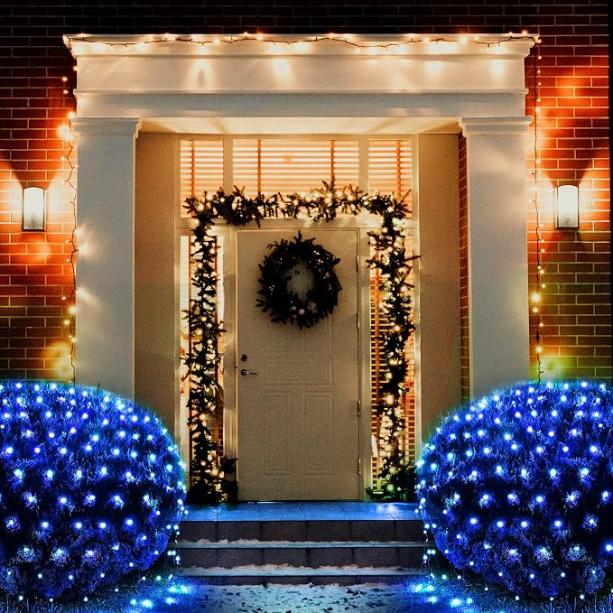 Blue Net Lights, 21x 5ft Christmas Bush Lights Outdoor Green Wire | 360 LED Large Net Mesh Lights Plug in, 8 Modes Waterproof Connectable Bushes Lights for Halloween Hedge Yard Decor