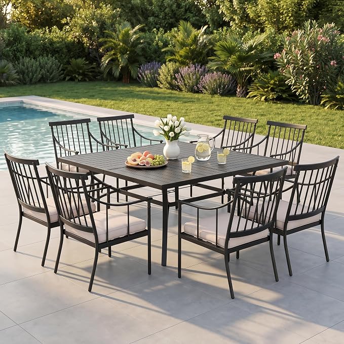 PHI VILLA Square Outdoor Table for 8, Black Metal Table w/Umbrella Hole | 57.5" large wrought iron table. Slatted top design, weather resistant. Perfect for patio, deck, porch, backyard.