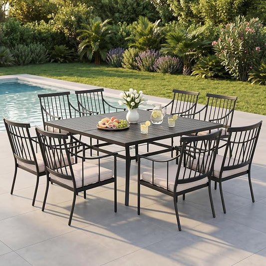 PHI VILLA 9 Piece, Outdoor Dining Set, 57.5"x57.5" Table, Cushioned | Wrought Iron, 2.0" Umbrella Hole, Weather-Resistant, 300 lbs Capacity