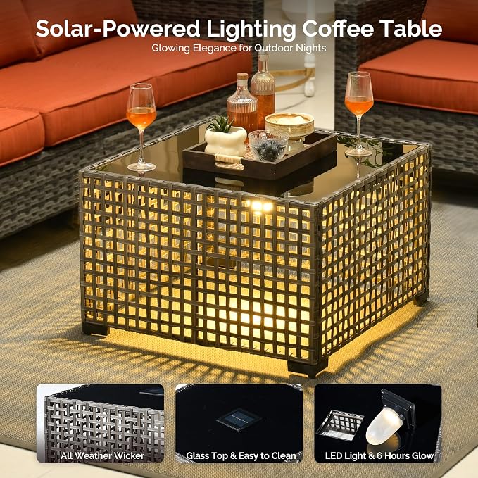 7 Piece Wicker Patio Furniture Set with Firepit Table, Orange | Outdoor Deep Seating Sofa Chair Ottoman, Firepit, Solar Lights Table, Modern Conversation Set, Porch Deck Backyard