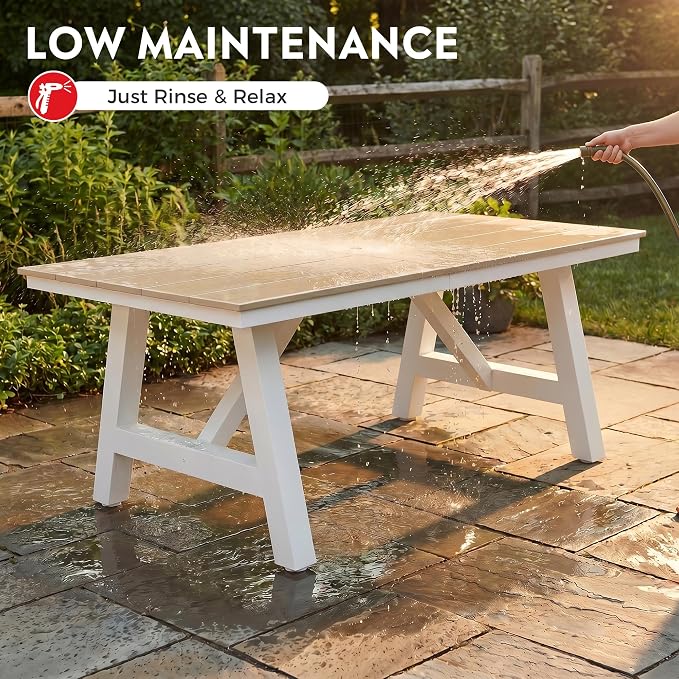 Costaelm Outdoor Dining Tables for Patio, 72" Rectangle 6-Person HDPE Dining Table with Umbrella Hole and Metal Frame for Outside, Garden, Poolside, Backyard, Porch, Balcony, Sand