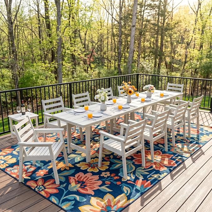 12-Piece Outdoor Dining Set, All-Weather HDPE Patio Furniture, Two 66.5" Slatted Table with 1.6" Umbrella Hole & 10 Ergonomic Armchairs, Heavy Duty 350lbs Capacity, UV Resistant, White