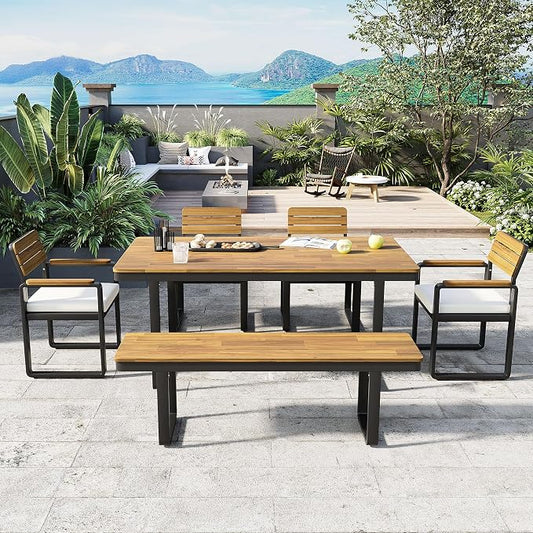 RUNNA Elegant 6-Piece Outdoor Patio Dining Table Set with Cushioned Chairs, Bench and Adjustable Feet for Family Gatherings and Garden, Backyard Dining (Beige-M/S)