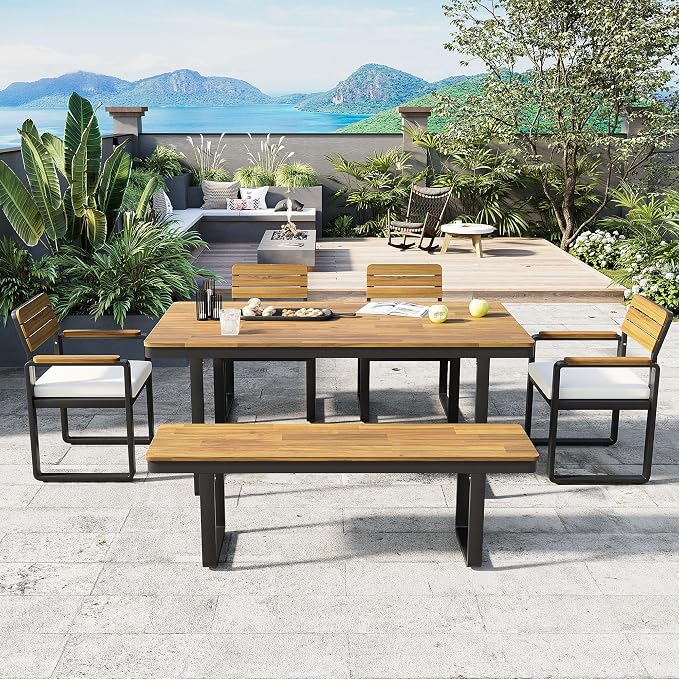 RuiSiSi 6-Piece Outdoor Dining Table Set, Acacia Wood Patio Dining Table Set with 1 Table, 4 Chairs, 1 Bench, Comfortable Cushions and Adjustable Feet for Patio, Garden, Backyard, Beige Cushion
