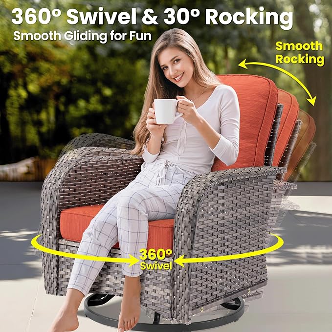 ovios 9 Pieces Patio Furniture Set, Outdoor Wicker Sofa Couch with Swivel Glider Chairs Fire Pit Table, Modern Deep Seat Rattan Conversation Sets for Deck Porch, Orange Red