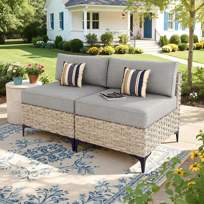 2 Pieces Patio Sectional Furniture Set, Outdoor Wicker Sectional Couch Middle Seats, Modern Conversation Set for Porch Balcony Backyard, Dark Gray