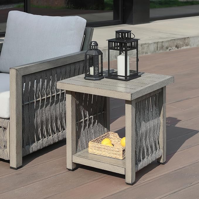 Outdoor Patio Square Side Table, 2-Tier Patio Side Table with Rope Weave, Aluminum Frame Weather Resistant, Patio End Table Furniture Set for Garden Porch Yard Deck, Gray Oak