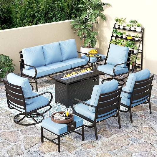 PHI VILLA 8 PCS Patio Furniture Set with Fire Pit Table,Metal Outdoor Furniture with 1 x 3-Seat Bench Sofa, 2 x Swivel Sofa Chairs, 2 x Leg Chair & 2 x Ottoman, Modern Patio Set, Light Blue