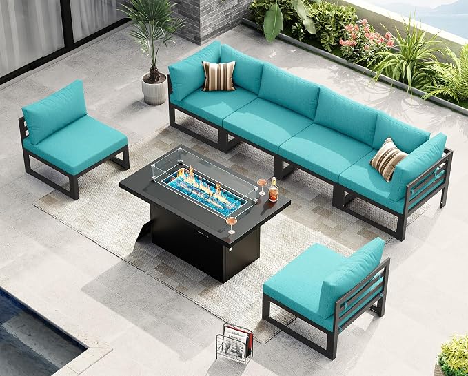 NICESOUL 7 Pcs Large Modern Aluminum Outdoor Patio Furniture Set with Fire Pit Table Propane/Gas, 29" Wide Deep Seat, Fade Resistant Sectional Sofa, 500 lbs Sturdy Backyard Conversation Set, Turquoise