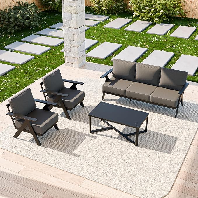 COOS BAY Iron Luxe 4 Piece Outdoor Patio Furniture Set, Modern Patio Conversation Set with 2 Patio Chairs, a 3 Seat Couch & Coffee Table for Deck, Garden, Porch, Black/Gray
