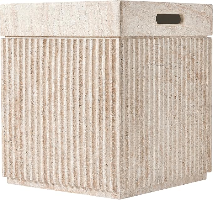 Christopher Knight Home Livia 20.28" Tall Outdoor Square Accent Side Table, Patio Decorative End Table with Fluted Design, MGO Garden Stool for Patio Living Room Balcony & Garden Decor, Travertine