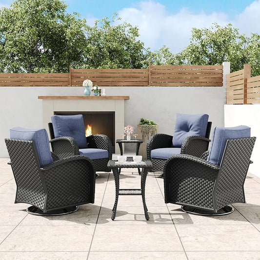 6 Pieces Outdoor Wicker Patio Swivel Rocking Chairs, All Weather Wicker Conversation Set with Side Table