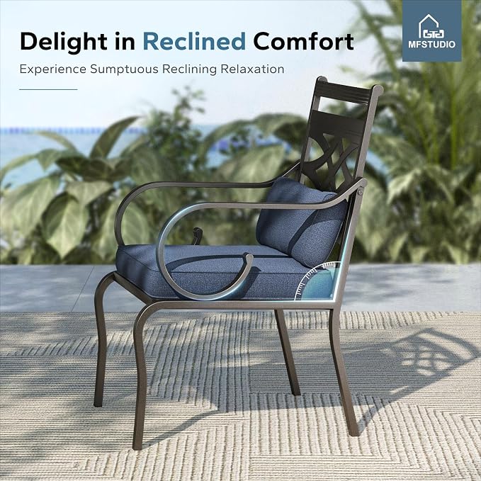 MFSTUDIO 9-Piece Patio Dining Set, 57.5" Square Metal Table, Fixed Chairs | Umbrella Hole, Blue
