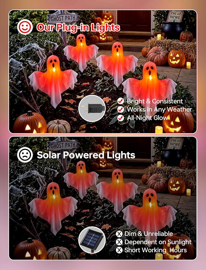 4Pack Halloween Outdoor Pathway Lights, Plug In LED White Ghost Decor Light | 11.5Ft Connectable, Dimmable, Hanging, Indoor and Outdoor for Sidewalk Lawn Garden Porch Balcony Ghost Party Halloween Decor