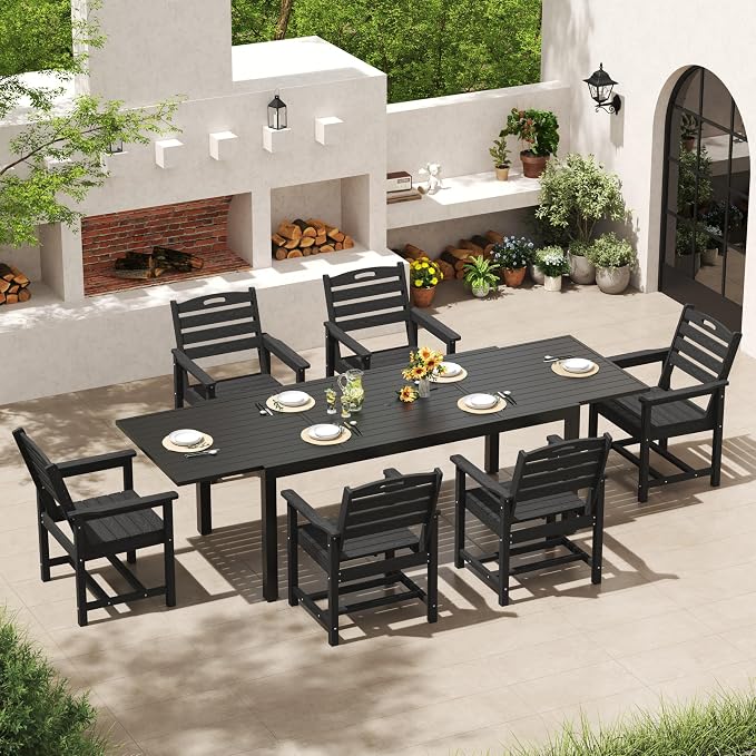 PIZZELLO 7 Pieces Outdoor Dining Set, 106" Extendable Aluminum Patio Dining Table w/ 6Pcs HDPE Patio Chairs, All Weather Outdoor Table and Chairs Sets for Backyard, Garden and Deck