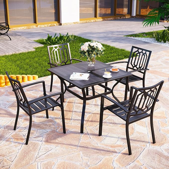 PHI VILLA Patio Dining Set, Stackable Chairs& Square Steel Table | 37” Black Square Steel Table&Stackable Wrought Iron Chairs, Patio Furniture Set for Patio, Deck, Backyard, Porch