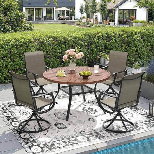 DIFY Patio Table and Chairs Set for 4, 5 Piece Outdoor Dining Set, 40.6" Walnut Round Metal Dining Table with Umbrella Hole and 4 Brown Textilene Swivel Patio Chairs, for Garden Backyard Deck