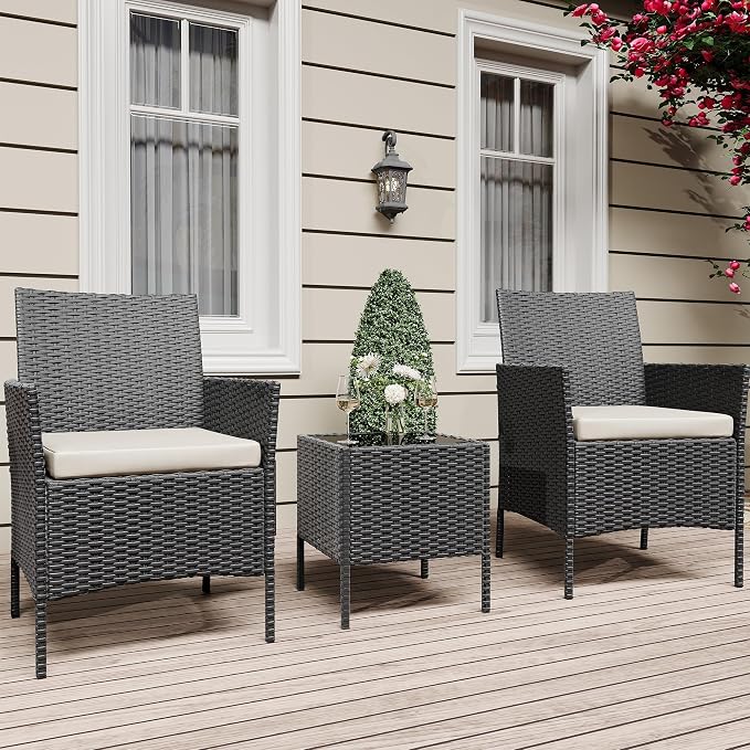 3-Piece Patio Furniture Set,Outdoor Patio Conversation Set with 2 PE Rattan Armchairs, Weather-Resistant Cushions & Tempered Glass Table,All-Weather Bistro Set for Garden, Backyard（Black/Beige）
