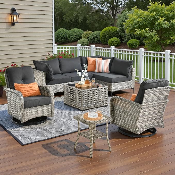 8 Pieces Patio Sectional Furniture Set, Outdoor Wicker Sectional Couch with High Back Swivel Rocker Chairs Solar Lights Table, Modern Conversation Set for Porch Balcony Backyard, Black