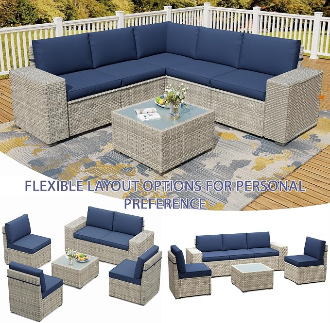 6 Piece Patio Furniture Set, 9.8" Wide Arm Sectional Sofa with Storage Armrests, All-Weather Rattan Outdoor Conversation Set for Garden, Porch, Lawn, Backyard, Balcony, Blue
