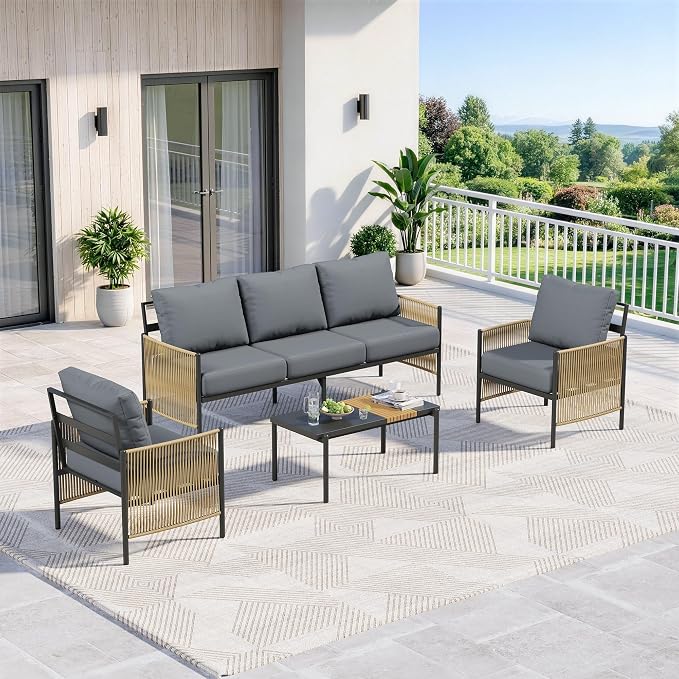 Aluminum Outdoor Patio Furniture Set, 5 Seats Outdoor Sectional with Coffee Table, Patio Conversation Sets with Washable Thick Cushions and Waterproof Cover for Backyard/Garden /Poolside, Gray