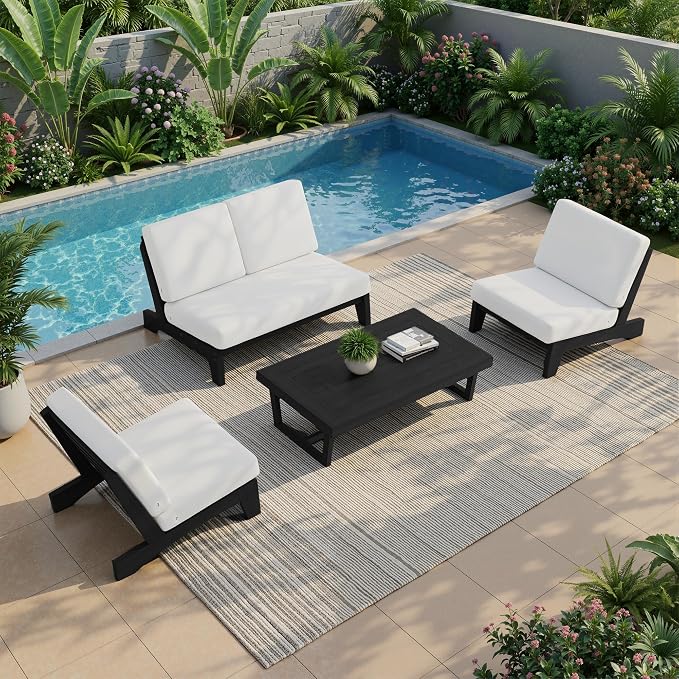All Weather Patio Furniture Sets, 4 Pieces Black Wood Outdoor Sectional Futniture Patio Sofa Chair Backyard Conversation Set with Solid Wooden Coffee Table - Beige