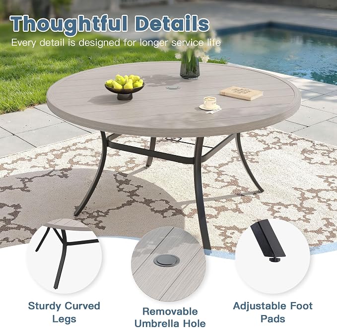 DIFY 11 Piece Outdoor Patio Dining Set for 10, Patio Table and Chairs Set with Umbrella Hole, 60" Round Dining Table and Stackable Metal Chairs for Backyard Garden Poolside, Grey Wood-Like & Grey