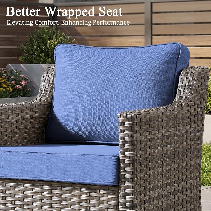 Luxury Patio Furniture sofa Set - 6 Pieces All Weather Wicker Outdoor Couch and High Back Swivel Rocker Patio Chairs with Glass coffee table for Deck Yard and Poolside Gray Wicker | Blue Cushions
