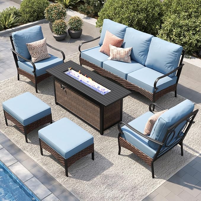 PHI VILLA Patio Furniture Set with 56" Fire Pit Table, Metal Frame Outdoor Conversation Sets, Wicker Patio Sectional Sofa Set with Ottomans for Porch, Deck, Poolside(6 Pieces, Blue)