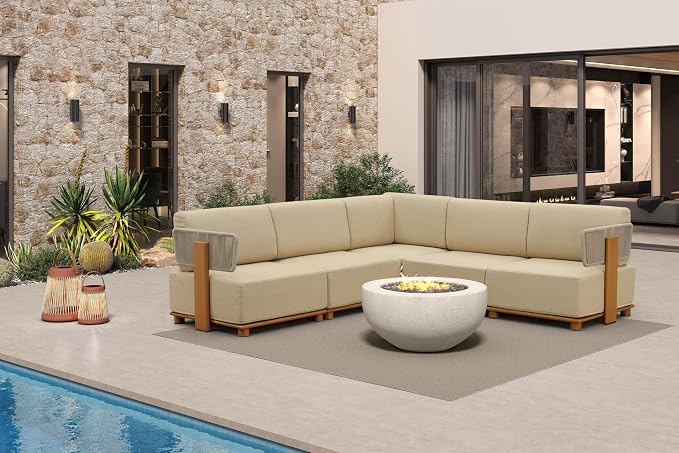 PURPLE LEAF Patio Furniture Set Modular L-Shaped Outdoor Sectional Sofa with 11" Thick Olefin Cushion 5-Piece Outdoor Conversation Set w/Coffee Lights for Patio Backyard Garden Poolside, Beige