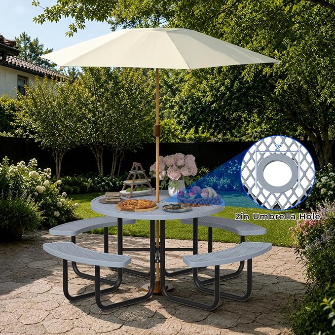 All-Weather Round Outdoor Picnic Table, Commercial Picnic Table Bench Set with Umbrella Hole, Thermoplastic Coated Metal Dining Tables for School, Stores, Park, Patio, Yard, Grey