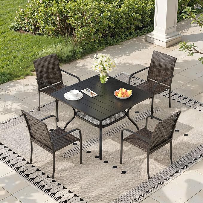 Outdoor Dining Set for 4, 37.8" Metal Square Outdoor Dining Table with Umbrella Hole and Wicker Stackable Patio Chairs, 5 Pieces Patio Table and Chairs Set for Garden Backyard, Black