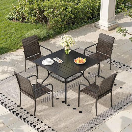 Outdoor Dining Set for 4, 37.8" Metal Square Outdoor Dining Table with Umbrella Hole and Wicker Stackable Patio Chairs, 5 Pieces Patio Table and Chairs Set for Garden Backyard, Black