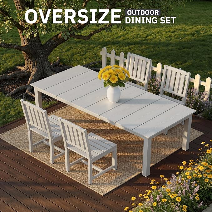 AreShark 5-Piece Outdoor Dining Set,HDPE Patio Table with 4 Armless Chairs,All-Weather Patio Furniture Set with Umbrella Hole,Low Maintenance Wood Grain Dining Set for Backyard,Garden,Poolside,White