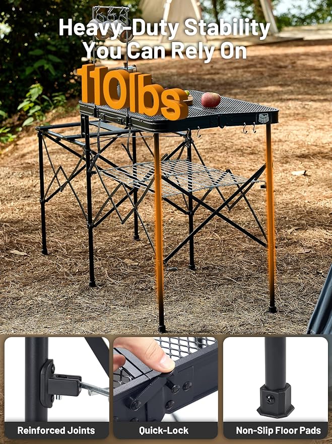 TIMBER RIDGE Portable Camping Kitchen Station, Folding Outdoor Grill Table | 110lbs Capacity Heat-Resistant Steel Mesh Top & Storage Shelves, Heavy Duty Picnic RV Tailgating BBQ Easy Setup