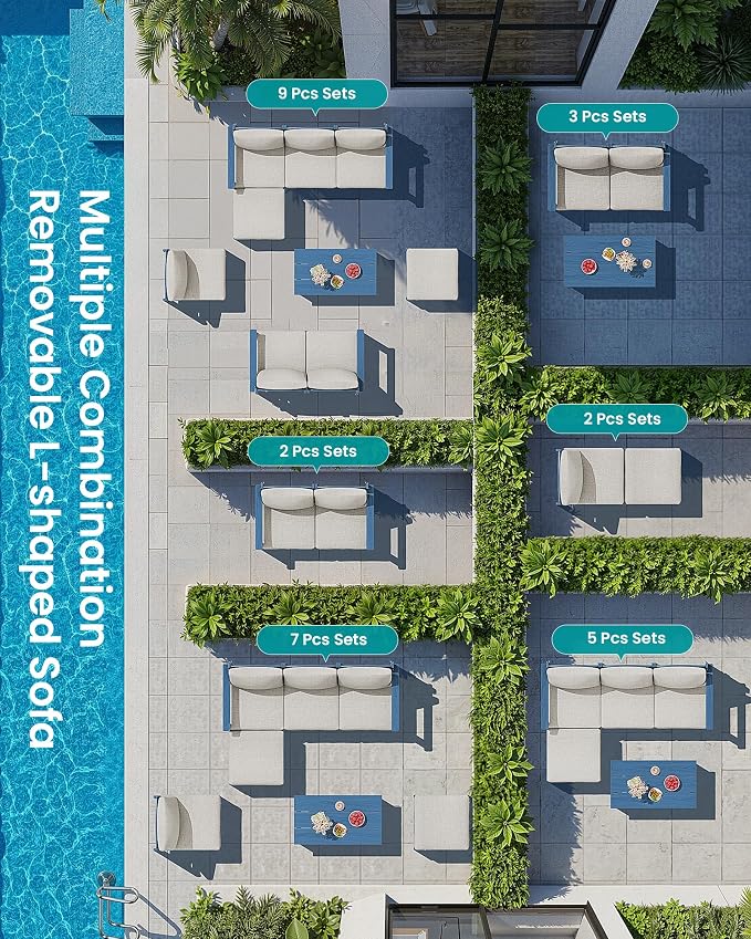 SERWALL 7 Pieces Patio Conversation Set, Heavy Duty HDPE Outdoor Sectional Sofas with Cushions and Coffee, All-Weather Outdoor Couch Set for Backyard, Deck and Porch, Blue Frame with Khaki Cushion