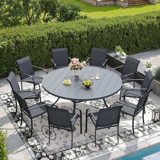 DIFY 11 Pieces Outdoor Patio Dining Set for 10, 60" Grey Round Metal Dining Table and 10 Grey Stackable Sling Dining Chairs, Outdoor Table and Chairs for Lawn Garden Backyard Deck