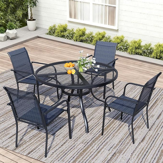 5 Piece Patio Dining Set for 4, 42” Black Round Table with Umbrella Hole and 4 Dark Blue Patio Stackable Chairs, Patio Table and Chairs for Backyard, Lawn, Deck & Garden