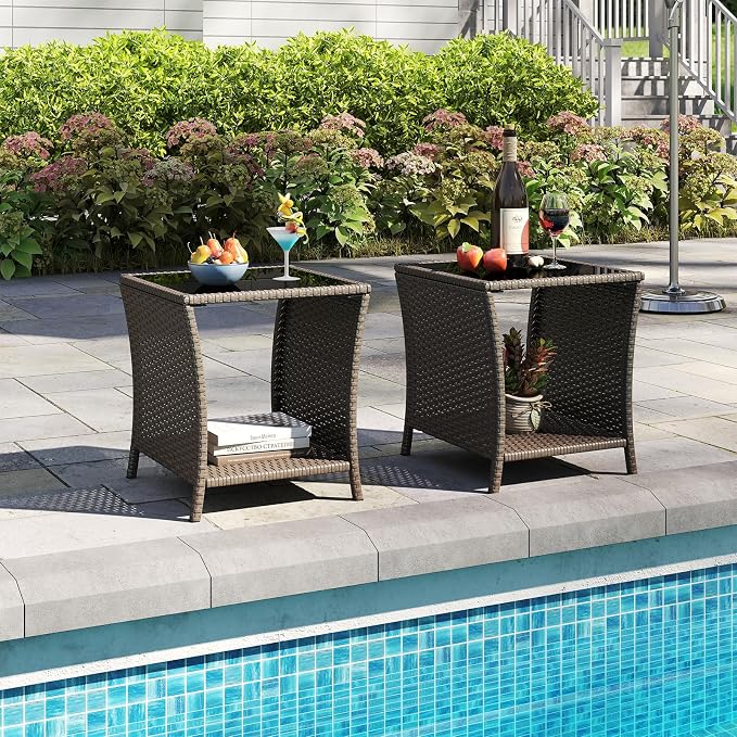 Kinfant Rattan Patio Side Table - Set of 2 Modern Wicker End Table, PE Rattan Coffee Table with Glass Top, Weather-Resistant Patio Furniture for Patio, Balcony, Garden, and Poolside (2, Sesame)