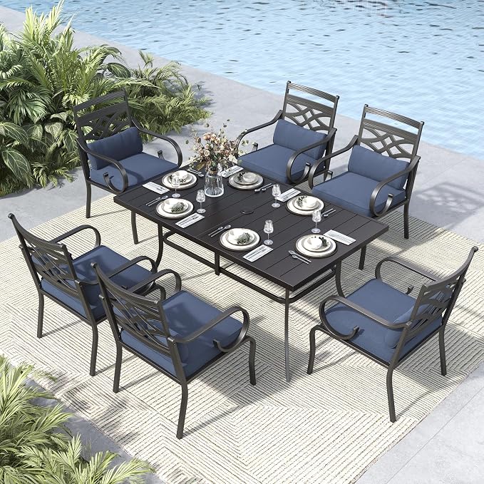 MFSTUDIO 7 PCS, Patio Dining Set, 59"×35", Umbrella Hole, Blue | Steel, Metal, E-coated frame