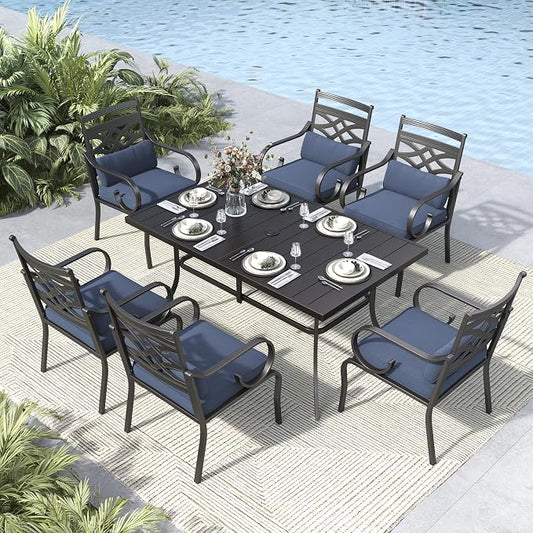 MFSTUDIO 7 PCS, Patio Dining Set, 59"×35", Umbrella Hole, Blue | Steel, Metal, E-coated frame