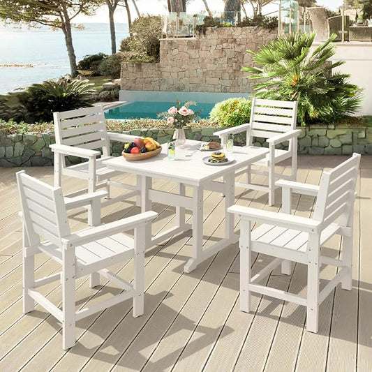 5 Piece Patio Dining Set, 35" Square HDPS Weather Resistant Outdoor Table & 4 Patio Chairs Set with 1.96" Umbrella Hole, Heavy Duty for Small Space Backyard Balcony, White