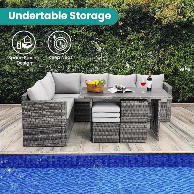 Wumiokio Patio Furniture Set, 7 Pieces Outdoor Patio Furniture with Dining Table&Chair, All Weather Wicker Conversation Set with Ottoman,Grey (Include Sofa Dust Cover)