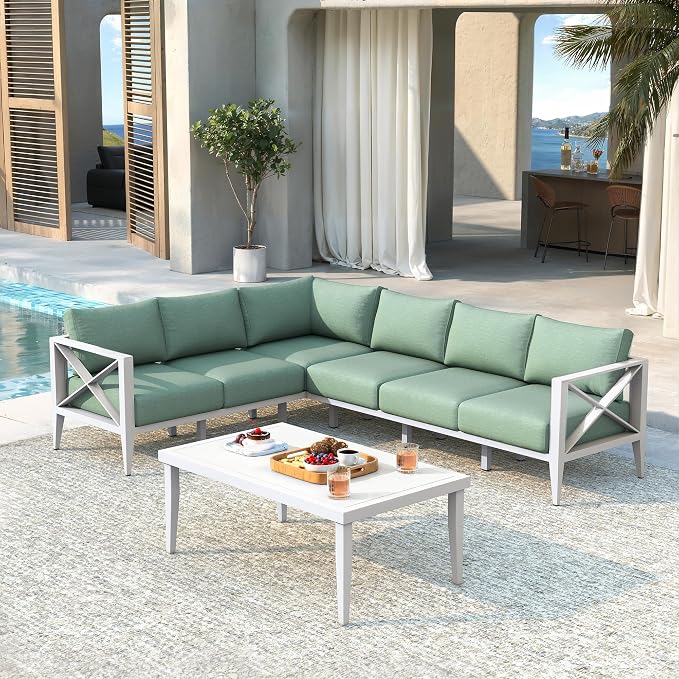 Outdoor Sectional Sofa Set 6 Seat Patio Conversation Set with Cushions, Aluminum Patio Furniture for Backyard Deck Garden Seating