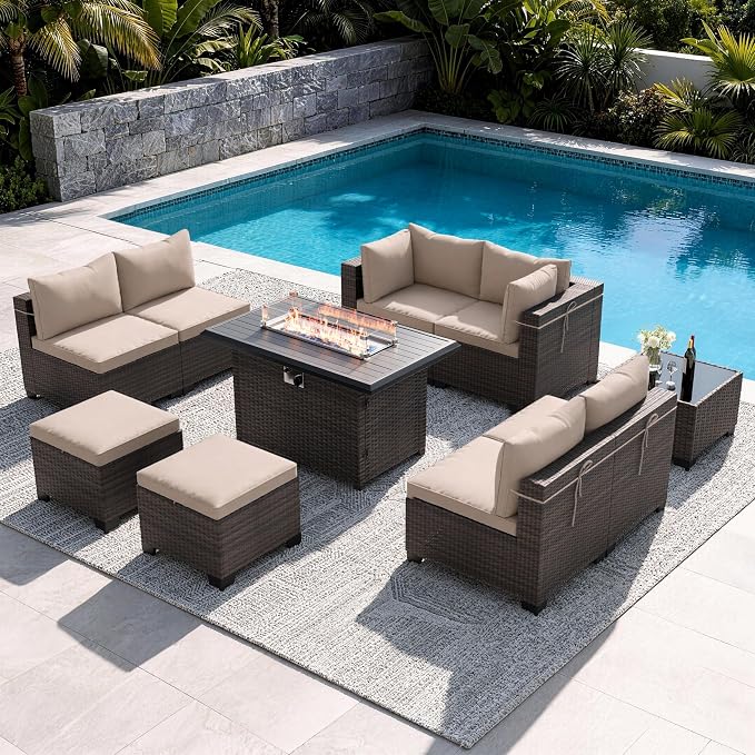 Outdoor Patio Furniture Set, 10 Pieces Outdoor Sectional Furniture with Fire Pit Table, All-Weather PE Rattan Patio Conversation Set with Two Ottomans, Coffee Table for Garden, Deck (Brown)