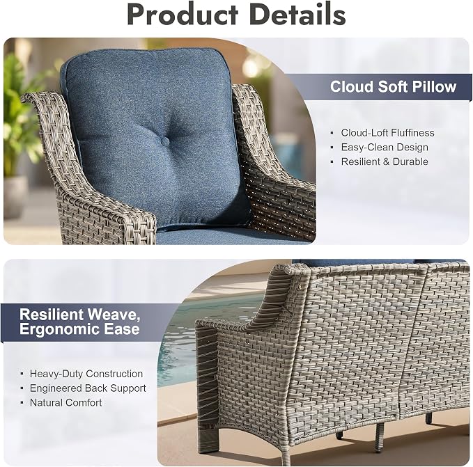 6 PCS Patio Furniture Set, Deep Seat High Back Outdoor Conversation Set with Ottomans, Wicker Outside Furniture with Solar Light Coffee Table for Porch Backyard Balcony, Sunroom, Denim Blue