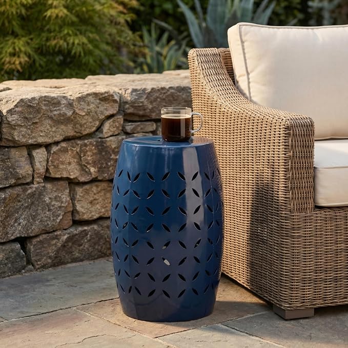12" Outdoor Side Table, Metal Round Side Table, Multi Functional Decorative Cutout, Coffee Table, Night Stand, Plant Stand for Patio, Garden, Backyard, Gazebo Indoor (Dark Blue)